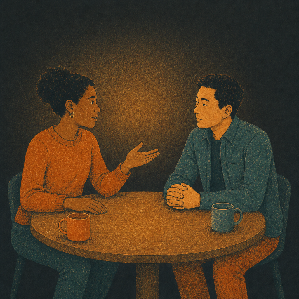 Two illustrated colleagues having an attentive one-to-one conversation across a small table.