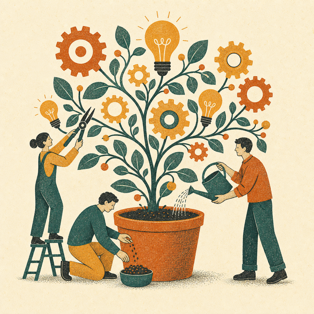 Illustration of a team tending one thriving plant whose branches grow into gears and lightbulbs.