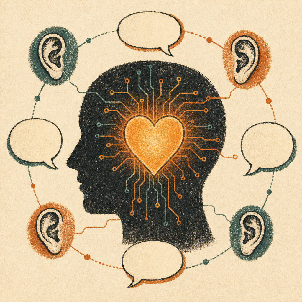 Illustration of a head silhouette with a glowing heart connected by circuit traces to listening ears and speech bubbles.