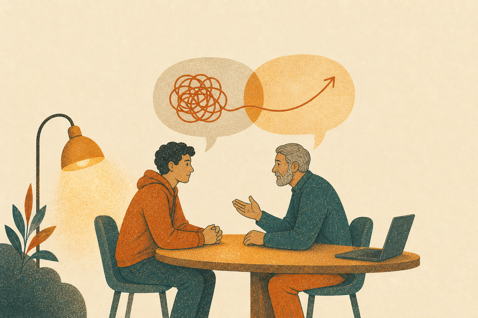 Illustration of a mentor and mentee talking across a small table, a tangled scribble in one speech bubble becoming a straight rising arrow in the other.