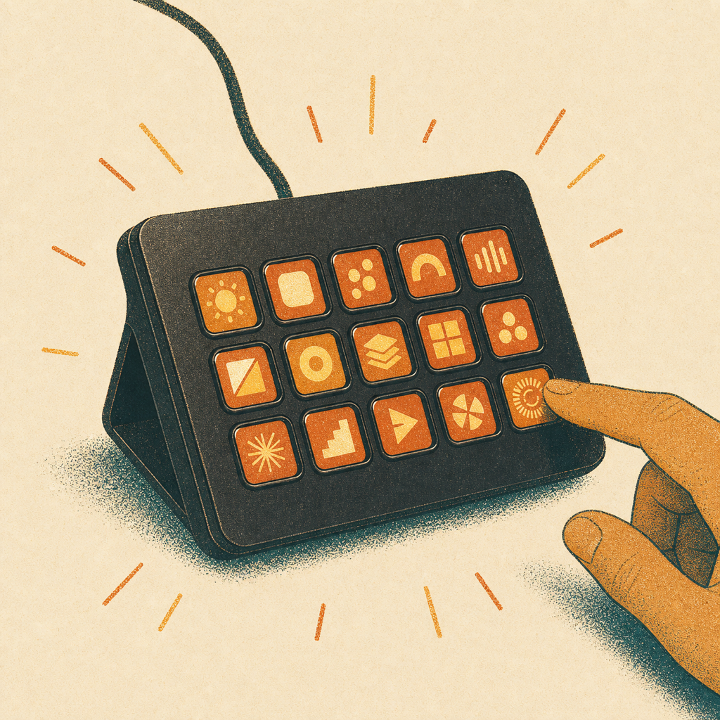 Illustration of a fifteen-key Stream Deck on its stand, a finger pressing one of the glowing amber keys.