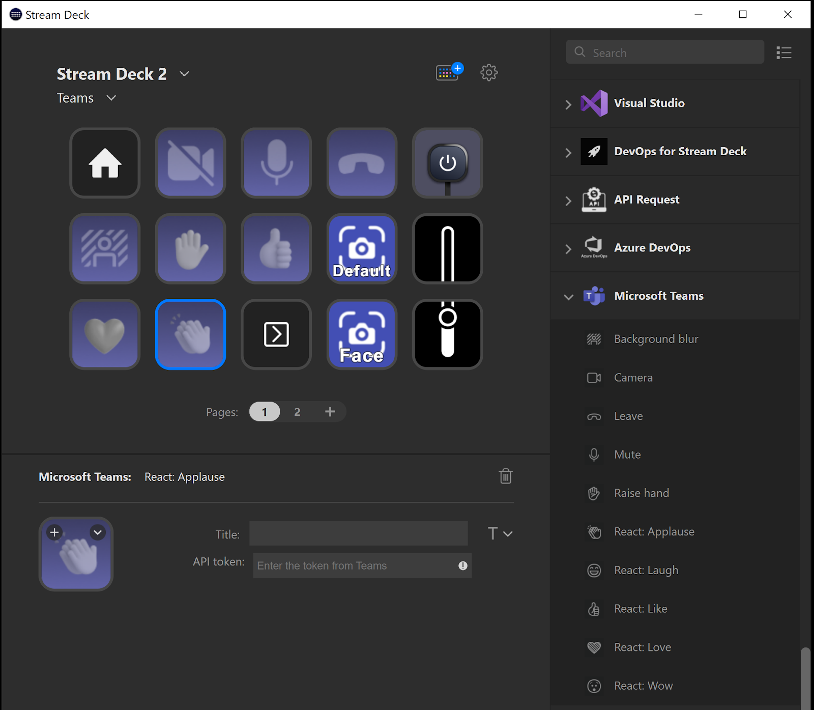 Screenshot of the Stream Deck software with a Teams profile open and a list of Microsoft Teams plugin actions on the right.