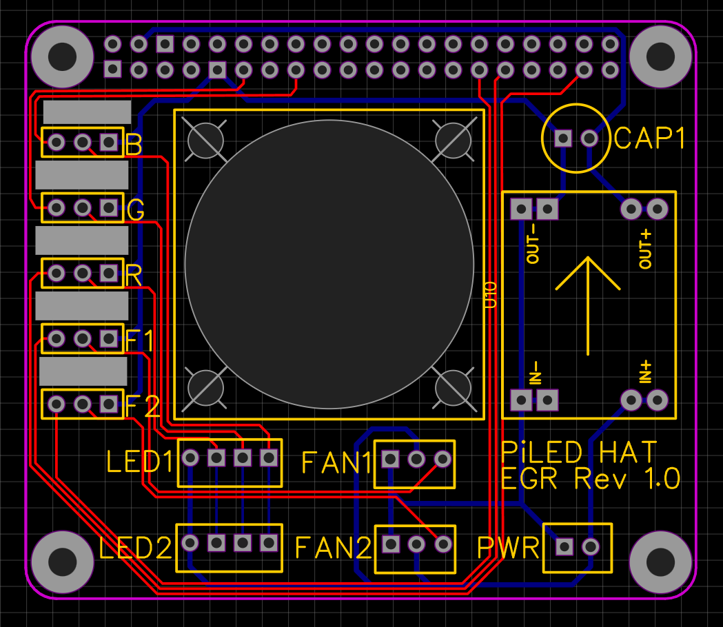EasyEDA board layout showing the central fan opening, component footprints, two LED outputs and two fan outputs.