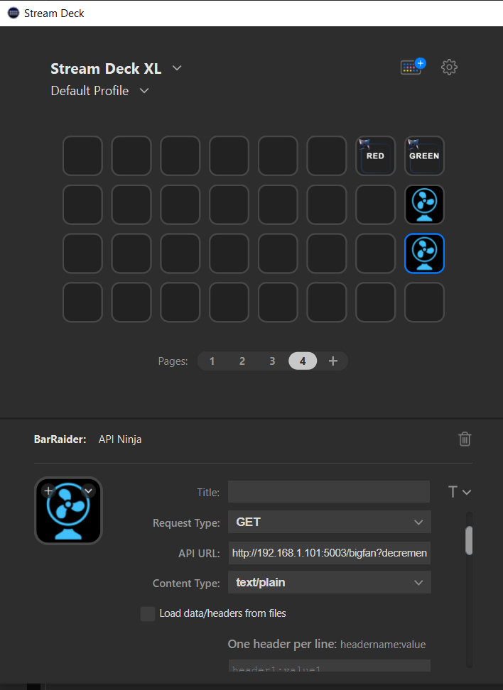 Stream Deck configuration software showing four buttons and an API Ninja GET request for decreasing the large fan speed.
