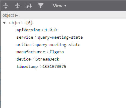 Developer-tools view of the JSON object used to query the Microsoft Teams meeting state.