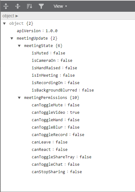Developer-tools view of a JSON response containing the Microsoft Teams meeting state and permissions.